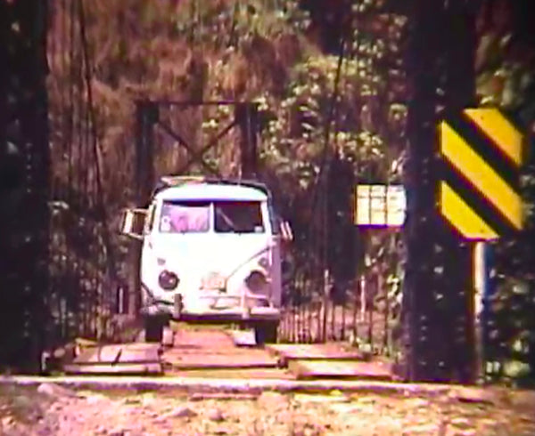 David Swenson author of Only Dead Fish Go With The Flow Crossing a questionable bridge with our VW van, Central America, 1972