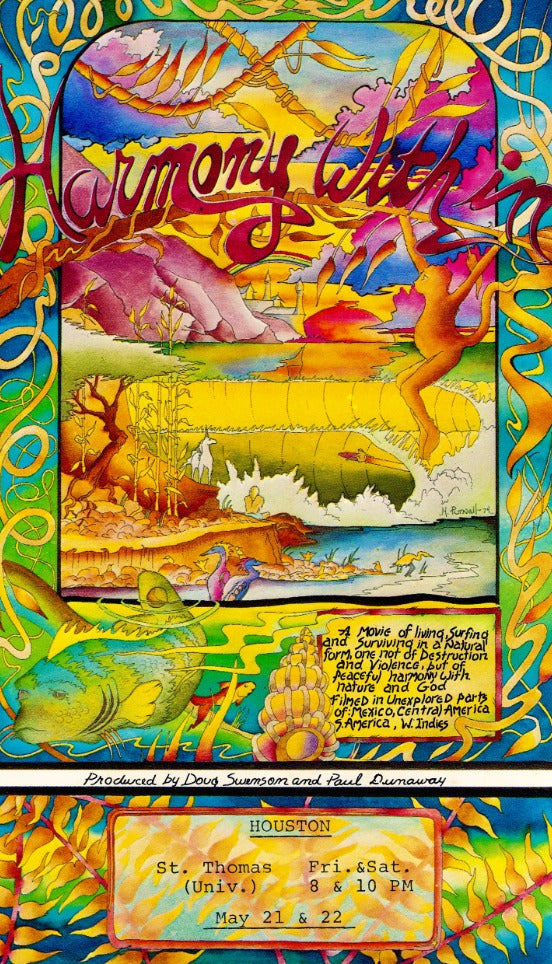 David Swenson author of Only Dead Fish Go With The Flow holding the movie poster for “Harmony Within,” a surf and yoga film created with Doug Swenson in the early 1970s